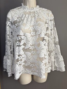 Cloud & Sky White Lace Ruffle Blouse XL Sheer Romantic Boho FP Style Bell Sleeve